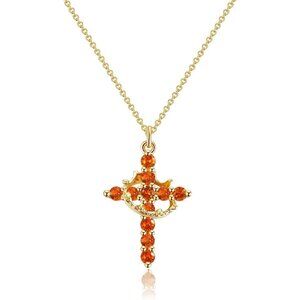 Women M07 Ruby Red, Jul 14K Gold Plated Crown Cross Necklace - Non-Tarnish